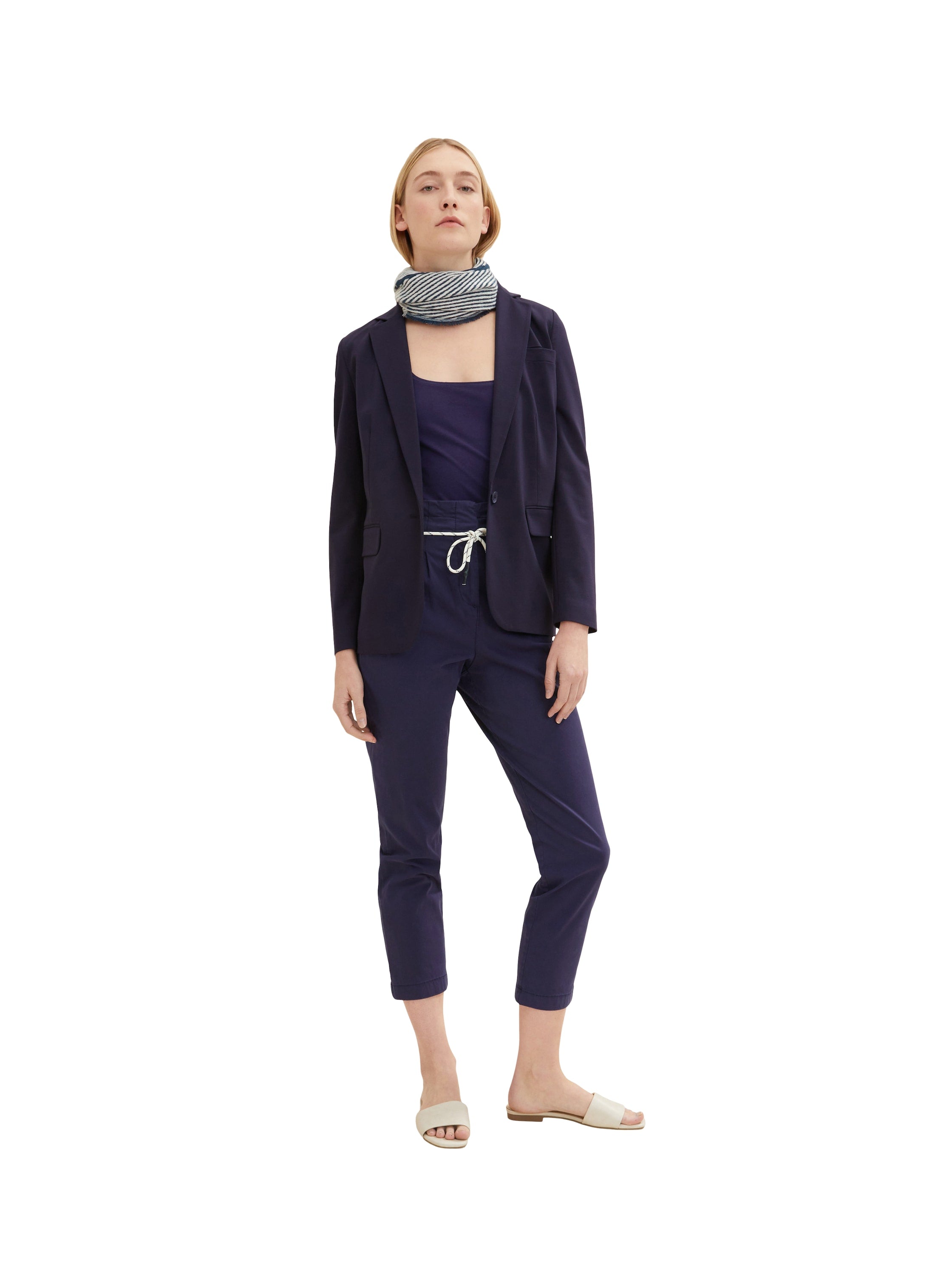 Navy Blue Tapered Trousers With Lace Belt Tom Tailor