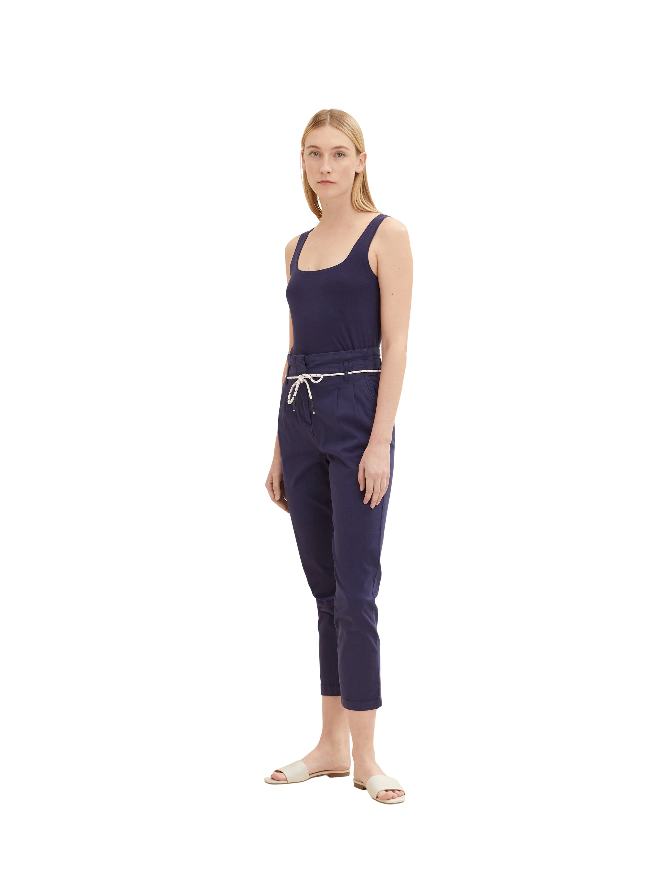 Navy Blue Tapered Trousers With Lace Belt Tom Tailor