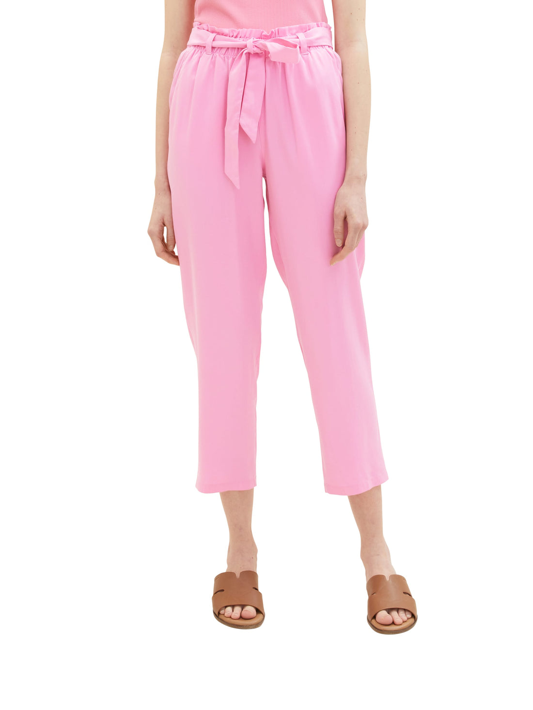 Pink Cropped Tapered Trousers With Belt