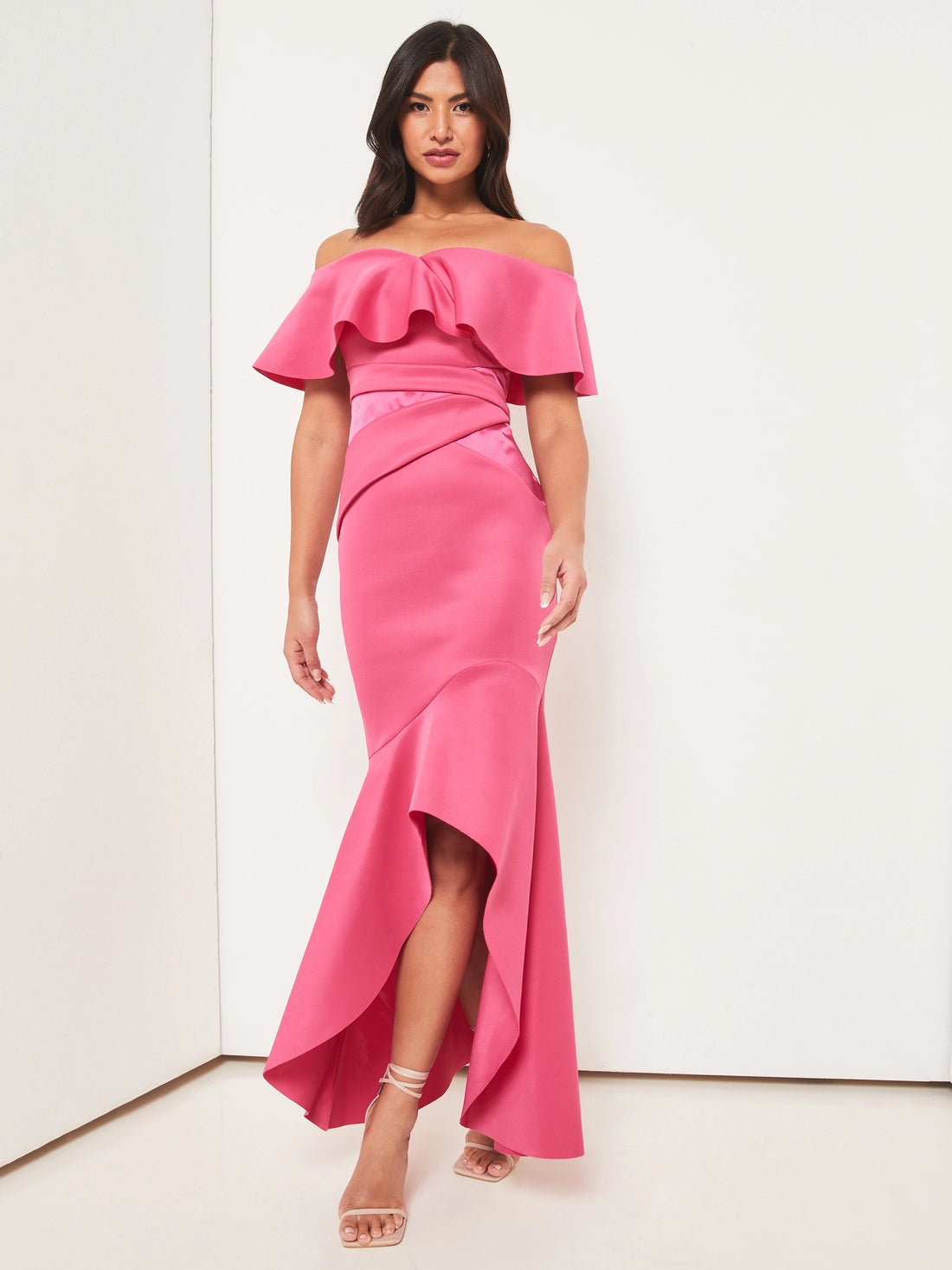 Pink Off-Shoulder High-Low Long Dress