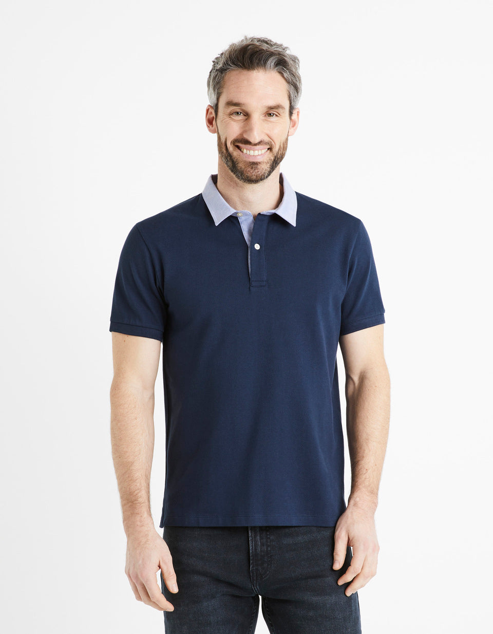 Pique Polo Shirt Collar 100% Cotton - Navy - 01