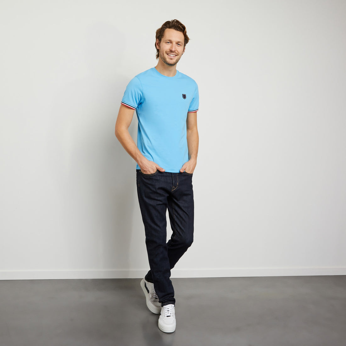 Plain Blue T-Shirt With Tricolour Trims - 01
