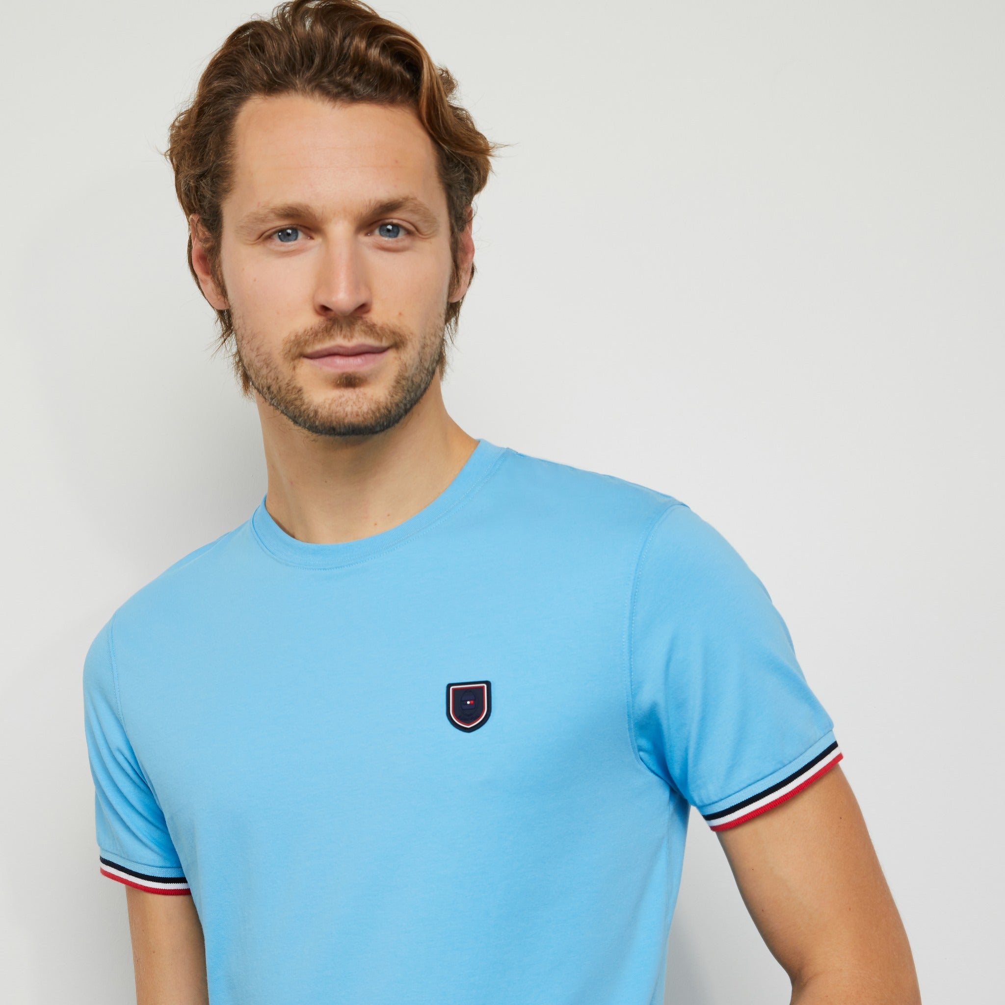 Plain Blue T-Shirt With Tricolour Trims - 04