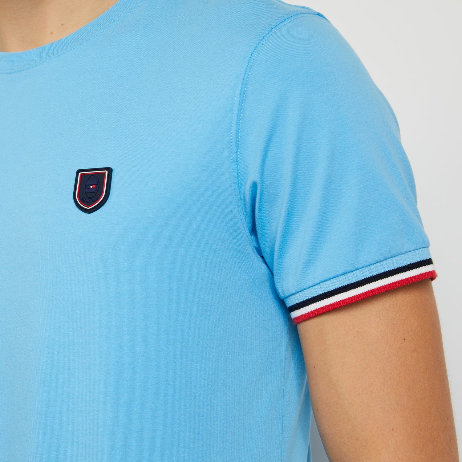 Plain Blue T-Shirt With Tricolour Trims - 05