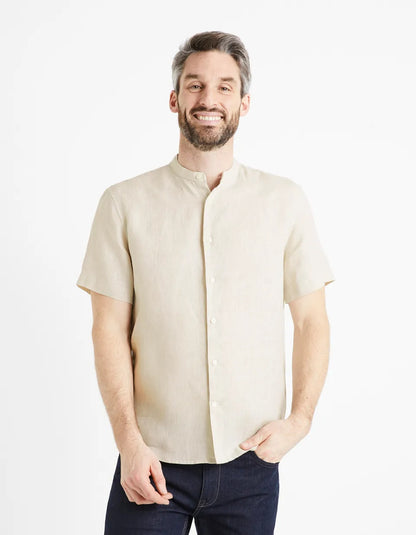 Regular-Fit 100% Linen Mandarin Collar Shirt - Natural - 01
