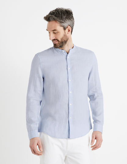 Regular-Fit 100% Linen Mandarin Collar Shirt - Sky Blue - 01