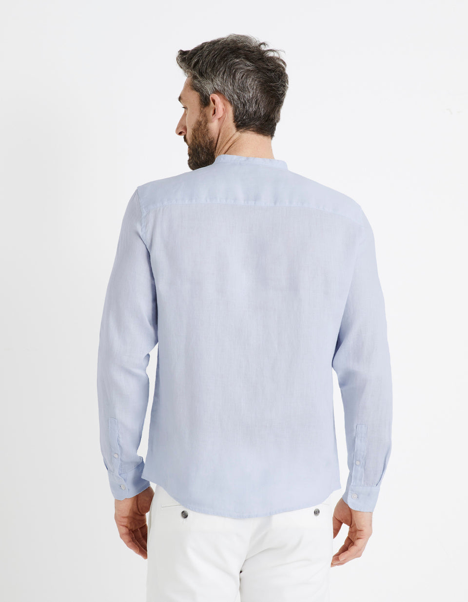 Regular-Fit 100% Linen Mandarin Collar Shirt - Sky Blue - 02