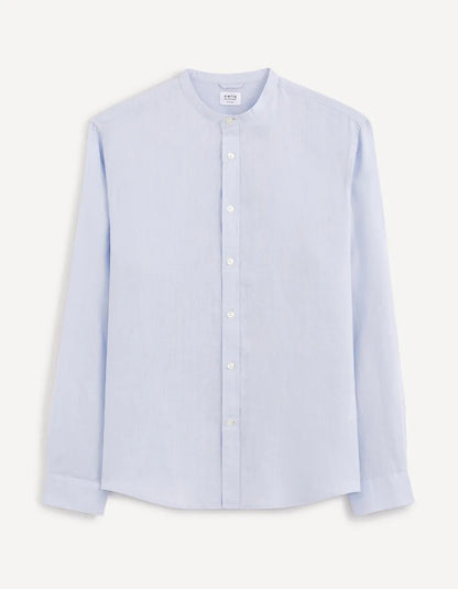 Regular-Fit 100% Linen Mandarin Collar Shirt - Sky Blue - 03