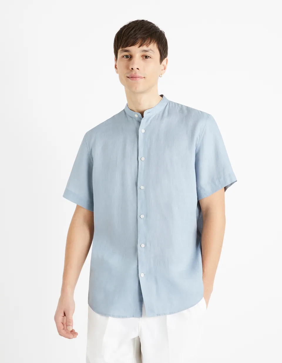 Regular Mao Collar Shirt 100% Linen - Blue Grey - 01