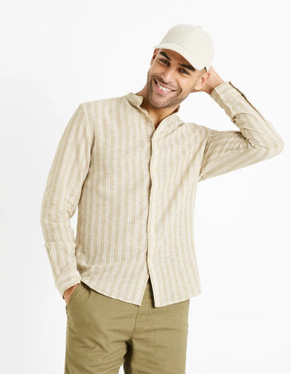 Striped Linen And Cotton Shirt - Beige - 01