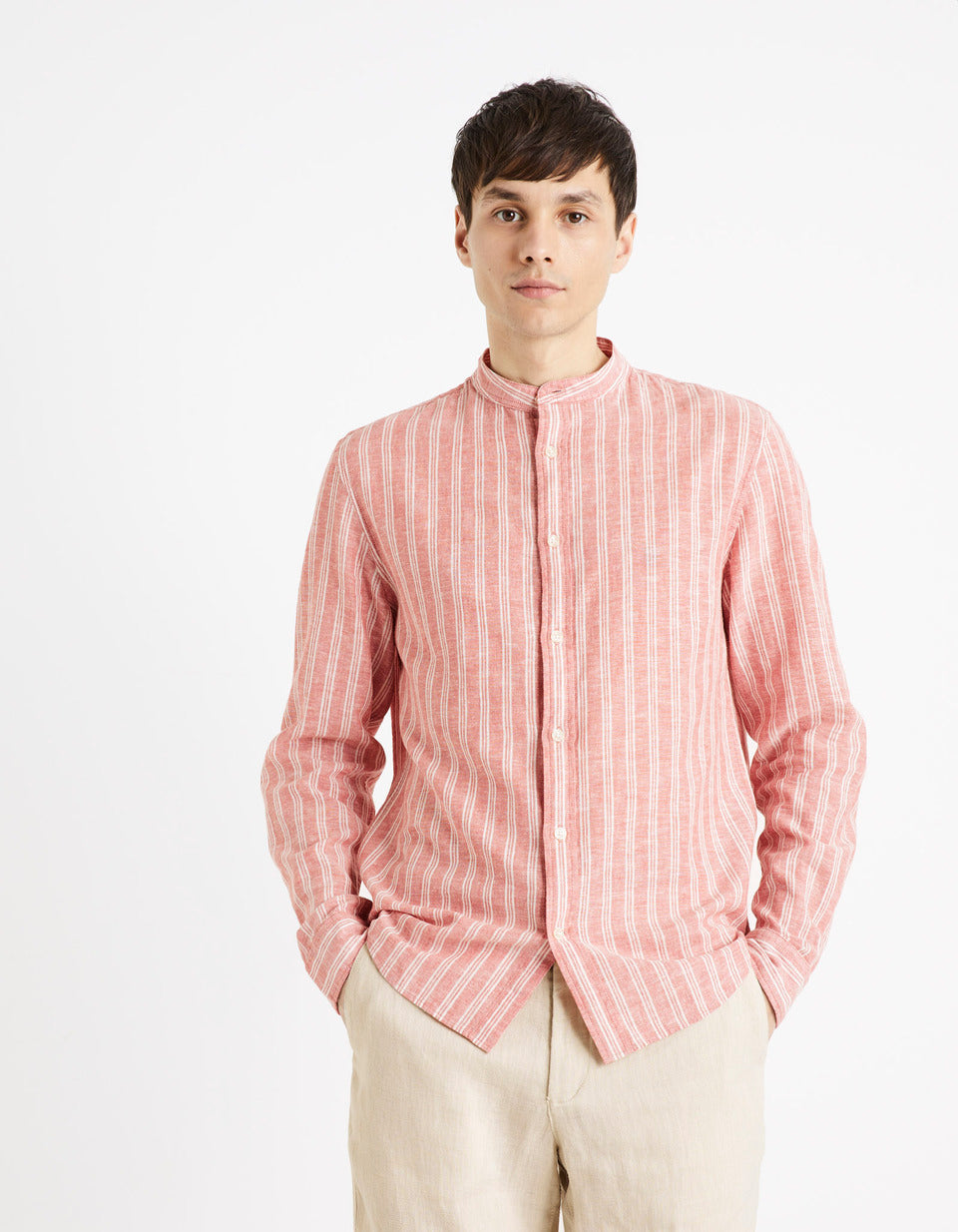 Striped Linen And Cotton Shirt - Red - 01