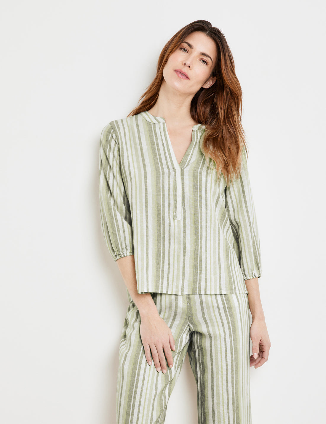 Striped Linen Blend Blouse With 3/4-Length Sleeves