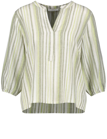 Striped Linen Blend Blouse With 3/4-Length Sleeves