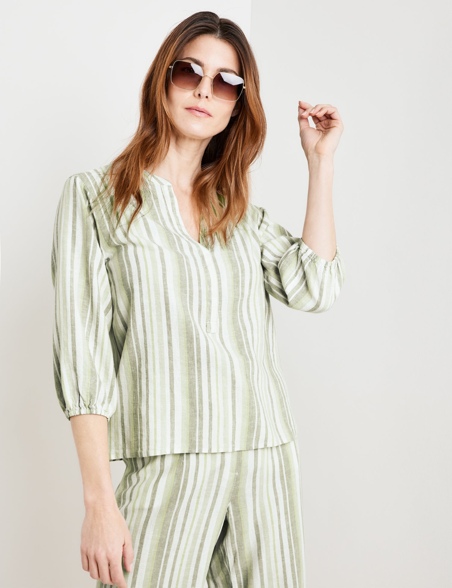Striped Linen Blend Blouse With 3/4-Length Sleeves
