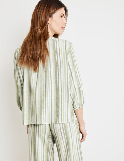 Striped Linen Blend Blouse With 3/4-Length Sleeves