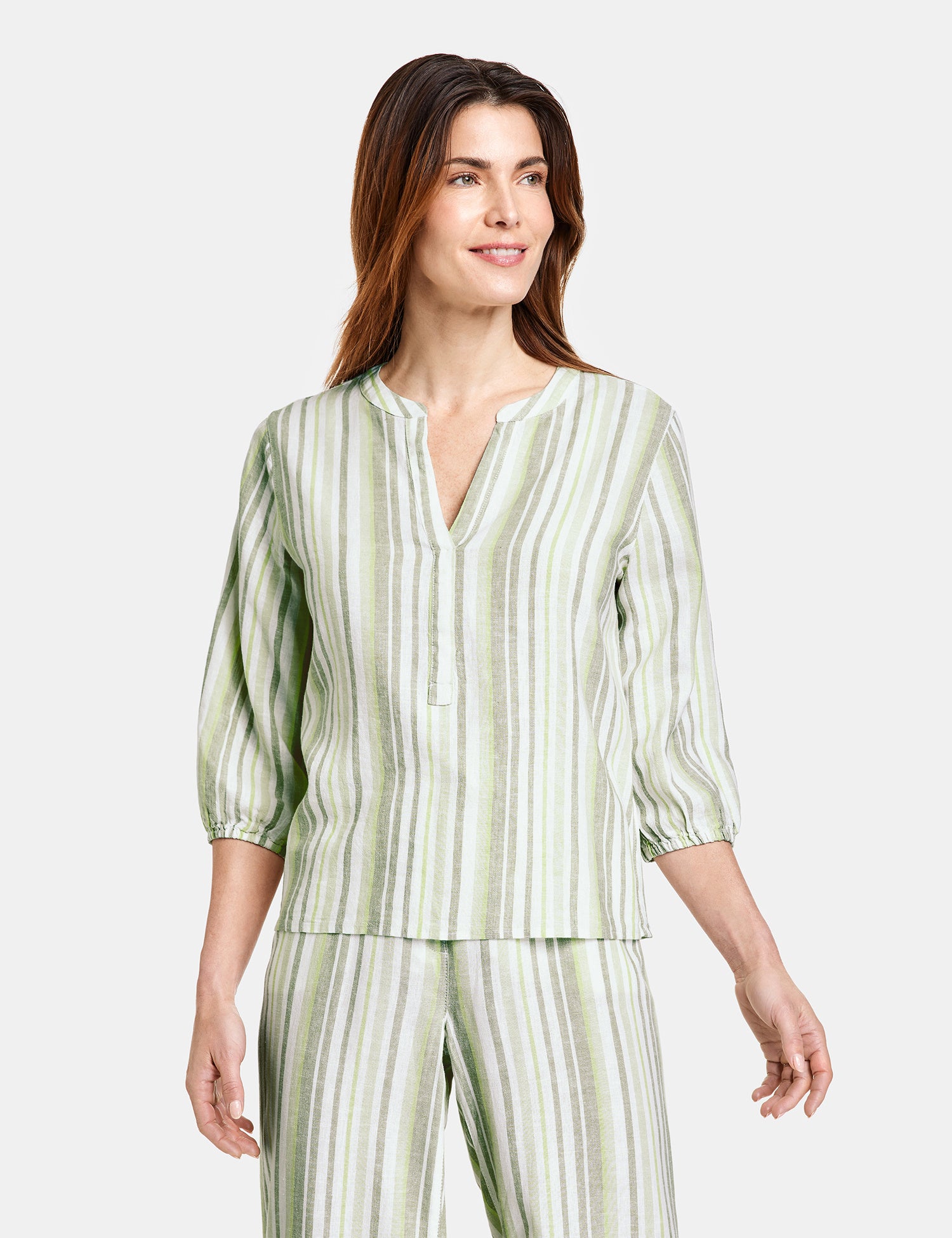 Striped Linen Blend Blouse With 3/4-Length Sleeves