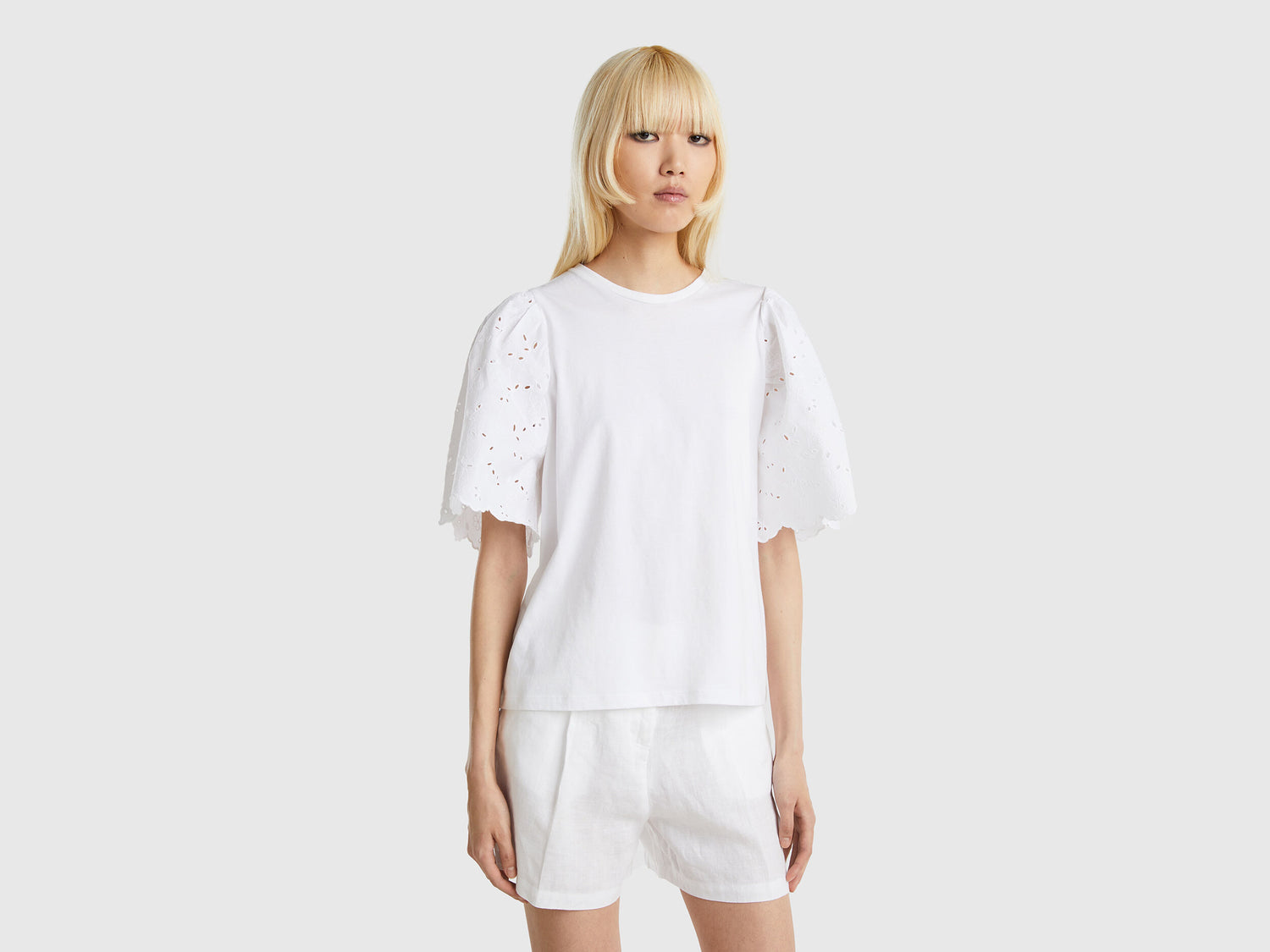 T-Shirt With Sleeves In Broderie Anglaise