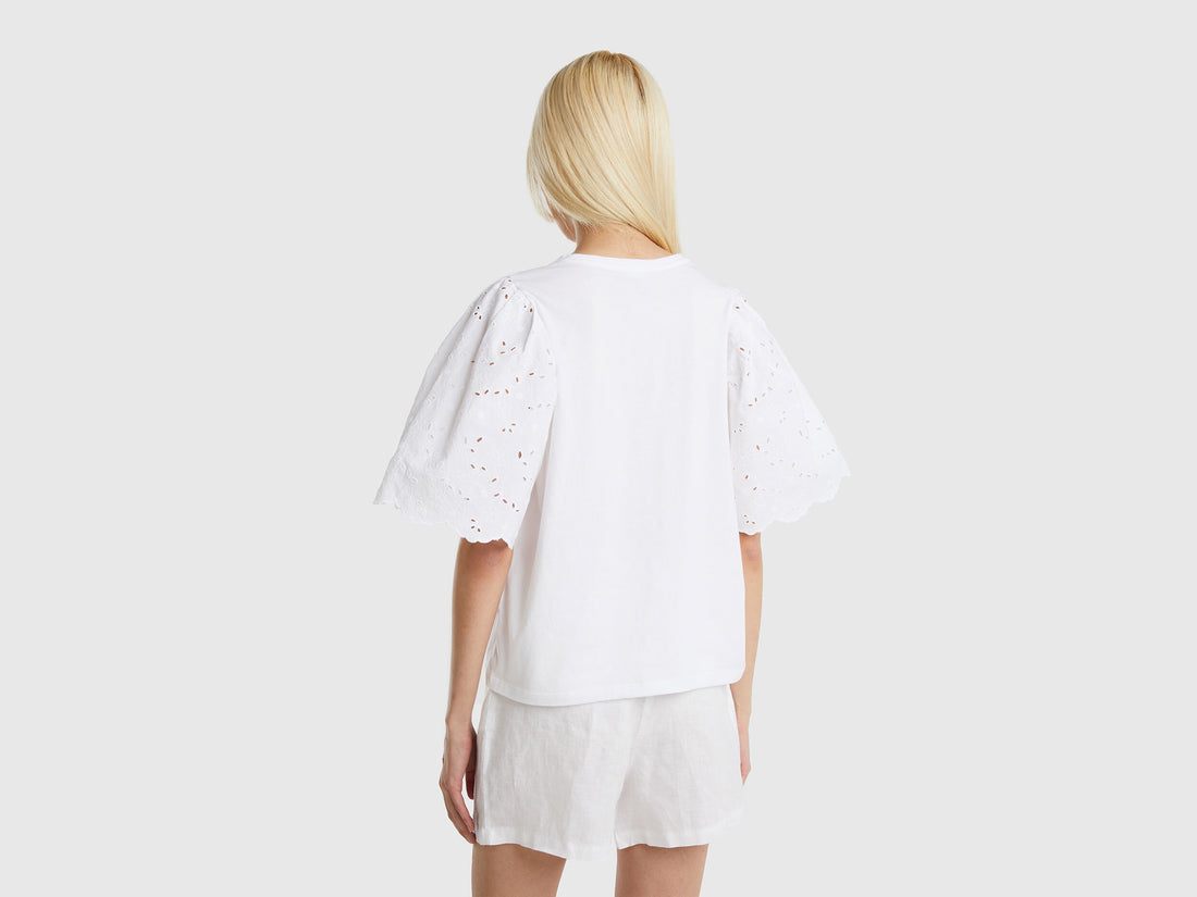 T-Shirt With Sleeves In Broderie Anglaise