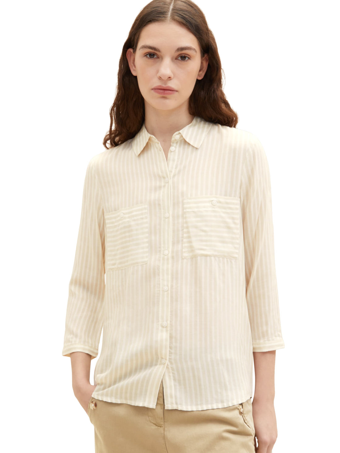 White 3/4 Sleeve Striped Shirt With Pockets