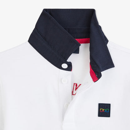 White Colour-Block Rugby Shirt With French Flair Embroidery - 03
