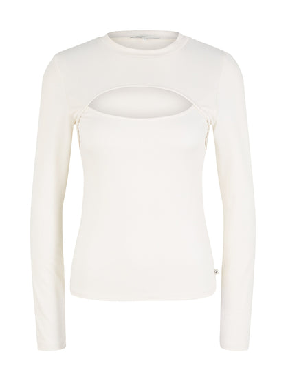 White Long Sleeve Mock Neck Top With Chest Cut-Out
