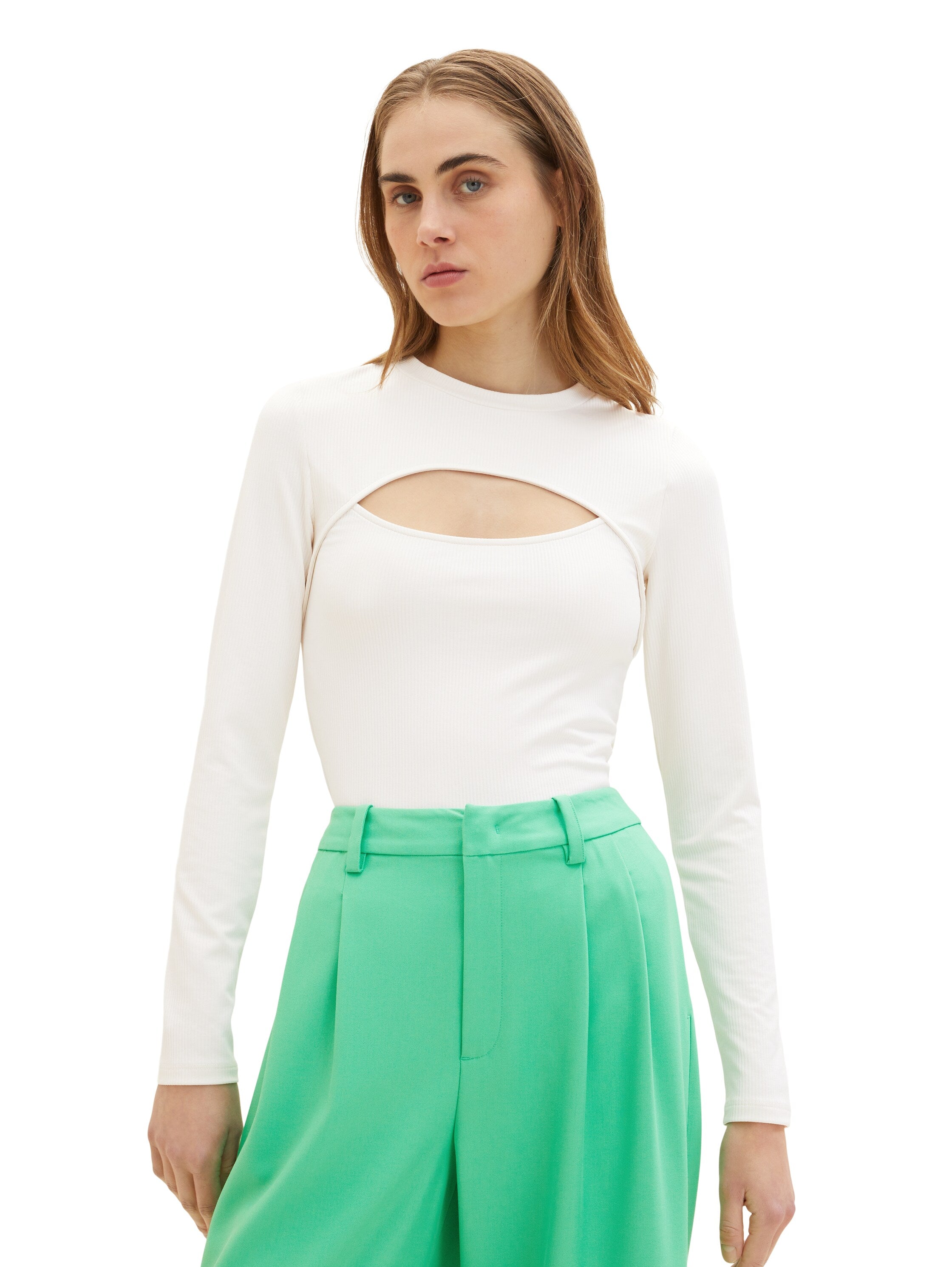 White Long Sleeve Mock Neck Top With Chest Cut-Out