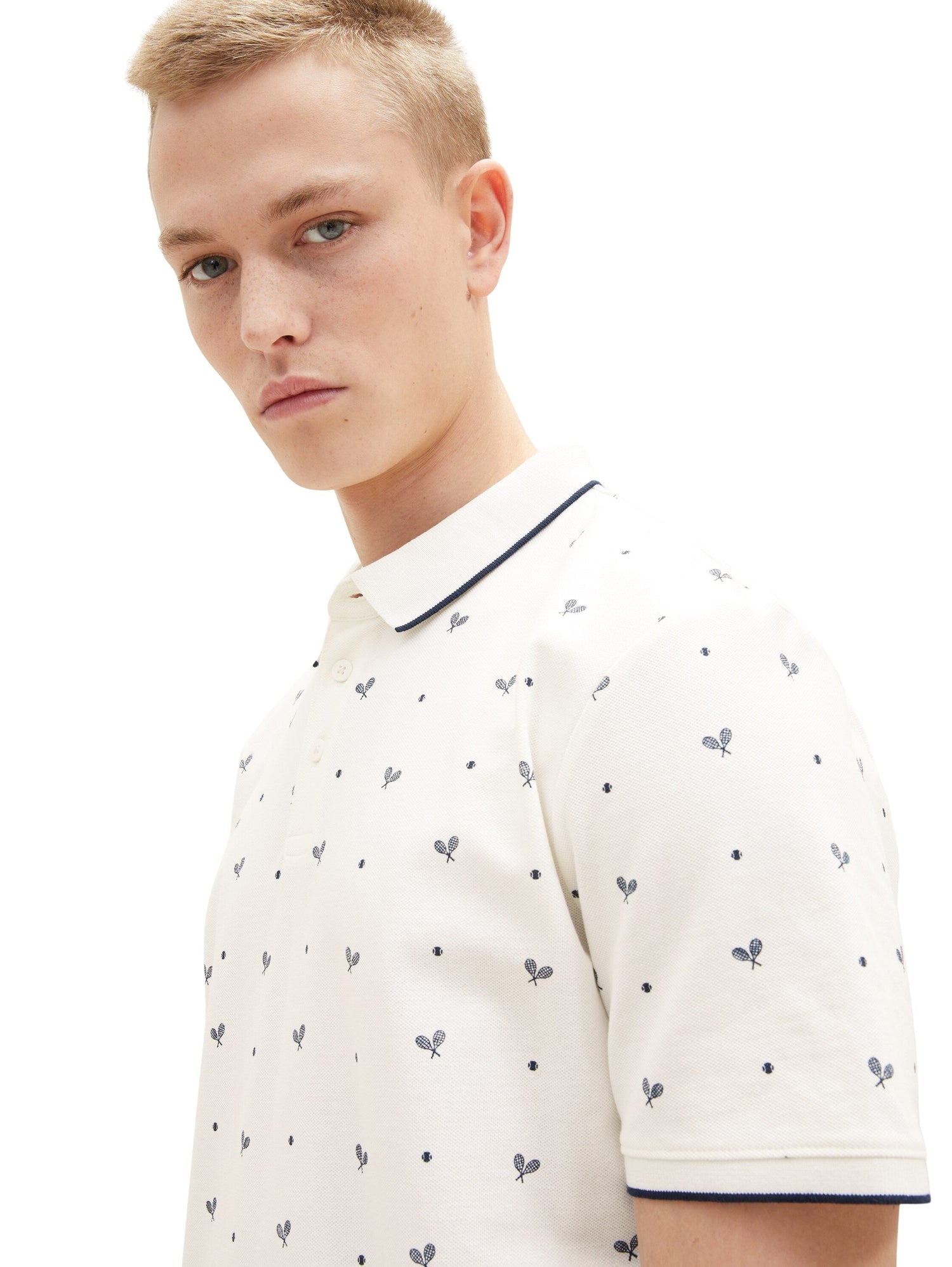 White Short Sleeve Polo Shirt With All-Over Print Tom Tailor